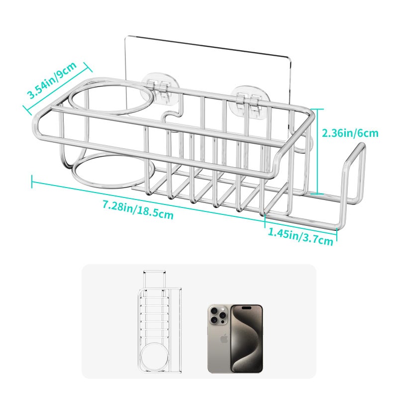 HapiRm 4 in 1 Sink Caddy Sponge Holder, SUS304 Stainless Steel Kitchen Brush Holder + Dish Cloth Hanger + Soap Rack + Sink Stopper Rack + Sponge Caddy for Kitchen - Silver - Image 5